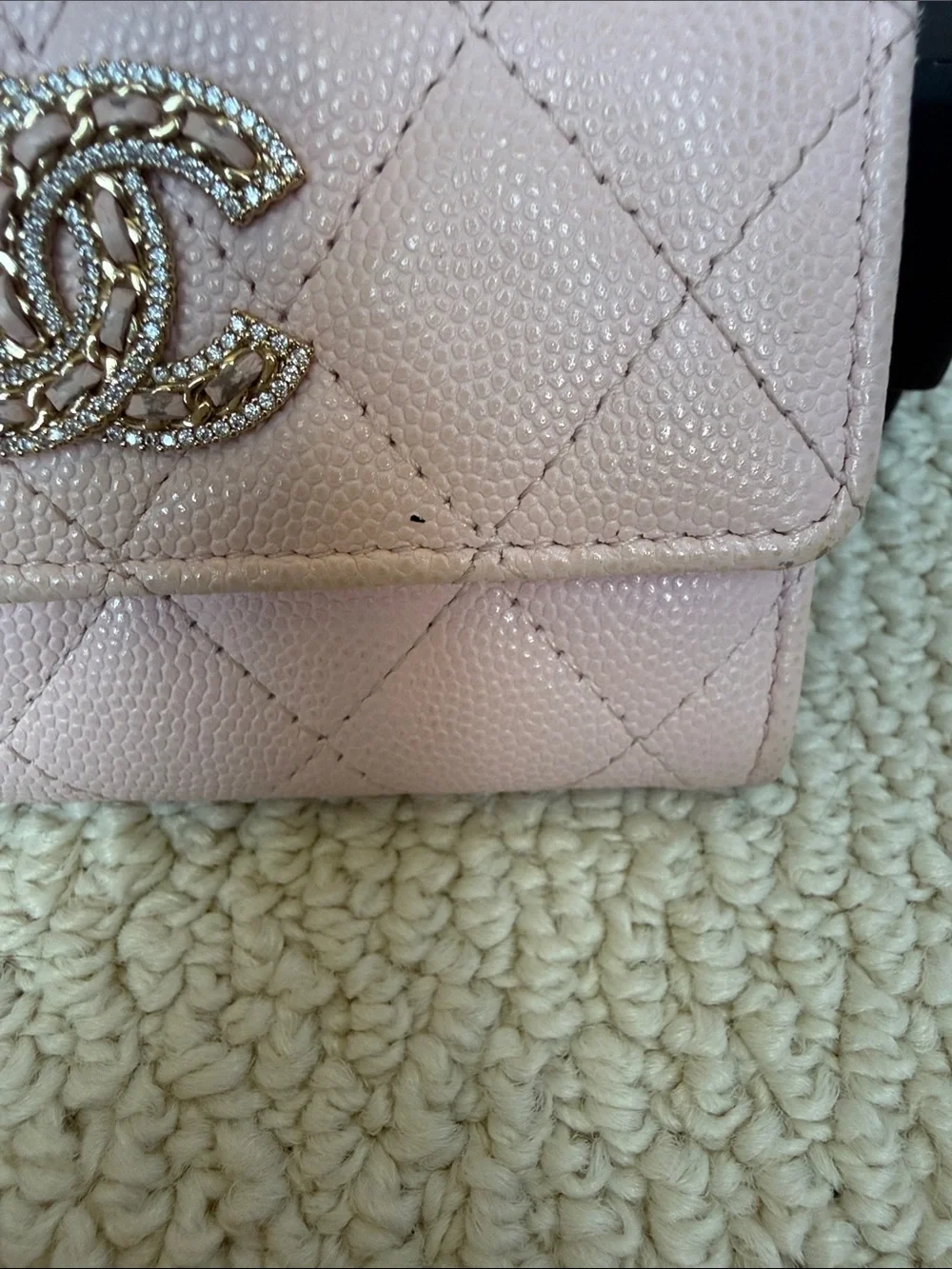 CHANEL Pink Quilted Caviar Crystal CC Logo flap Wallet